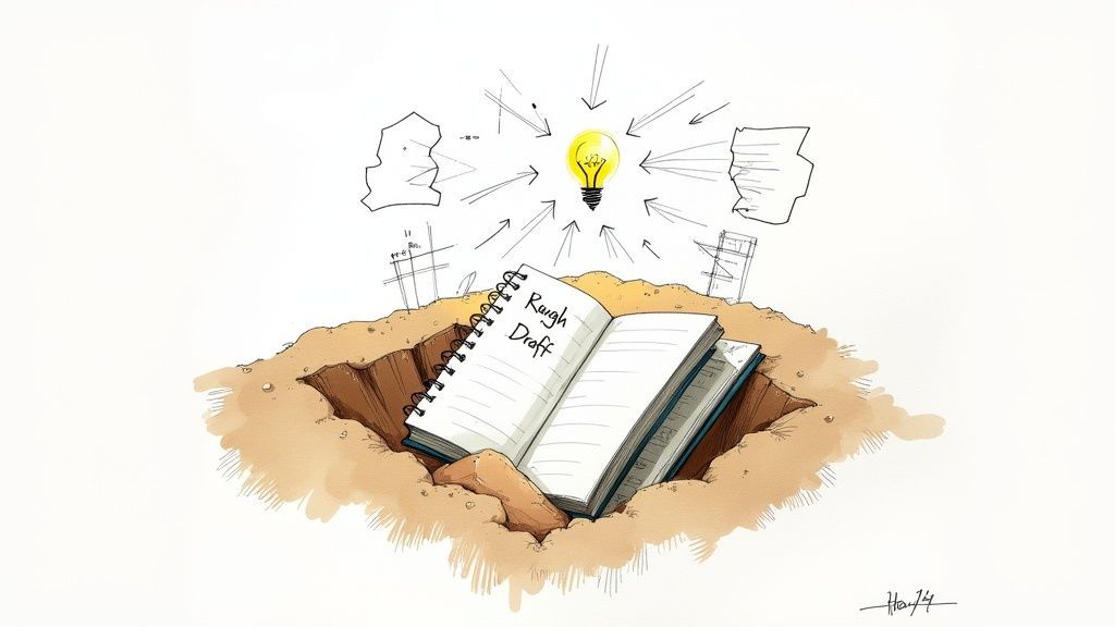 A spiral notebook labeled 'Rough Draft' emerges from the ground, surrounded by a light bulb and ideas.
