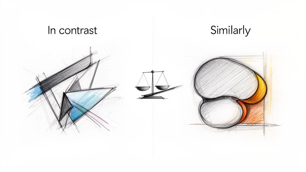 Abstract sketches illustrating 'In contrast' with sharp angles and 'Similarly' with soft curves, with a balance scale.