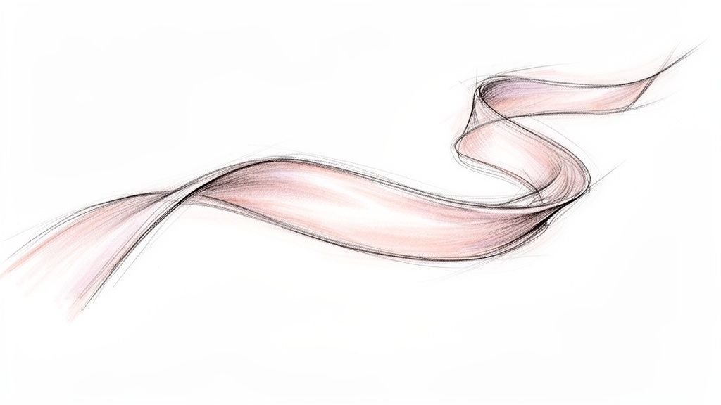 A flowing, delicate ribbon drawing with pencil and soft pink color on a white background.