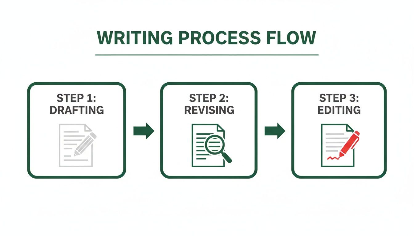 A visual flow diagram illustrating the three steps of the writing process: drafting, revising, and editing.