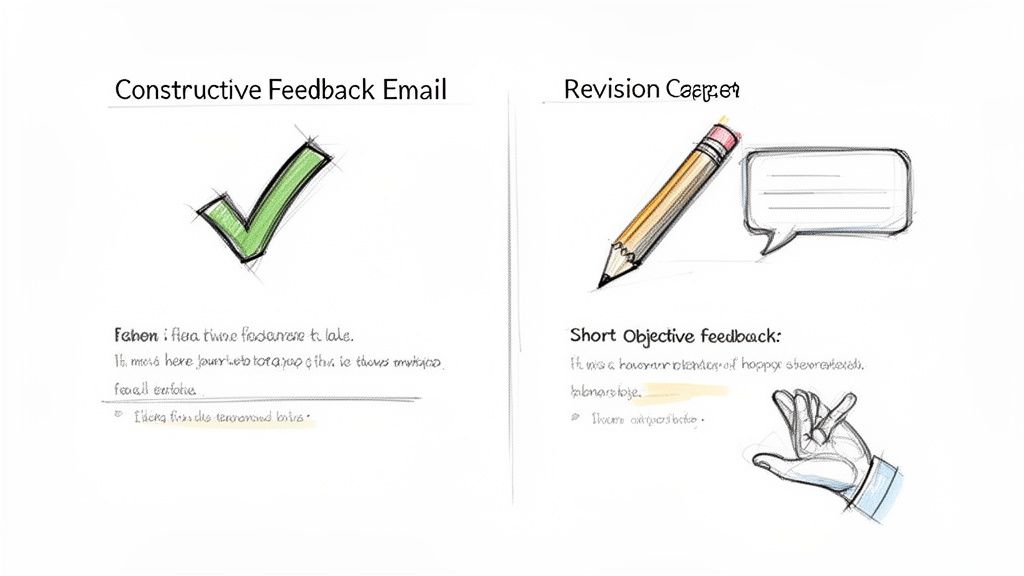 An image illustrating two types of feedback: constructive email feedback with a checkmark and revision feedback with a pencil and speech bubble.