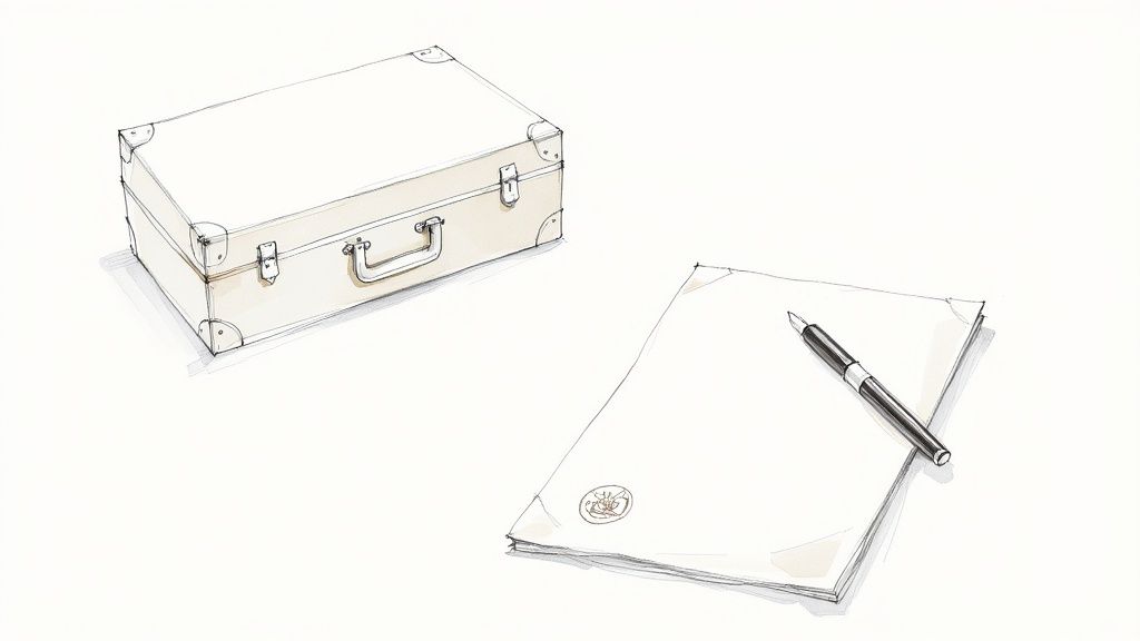 A hand-drawn sketch featuring a vintage-style suitcase and a stack of papers with a fountain pen.