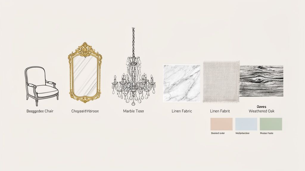 A mood board featuring French-style chair, mirror, chandelier, marble, linen, weathered oak, and pastel colors.