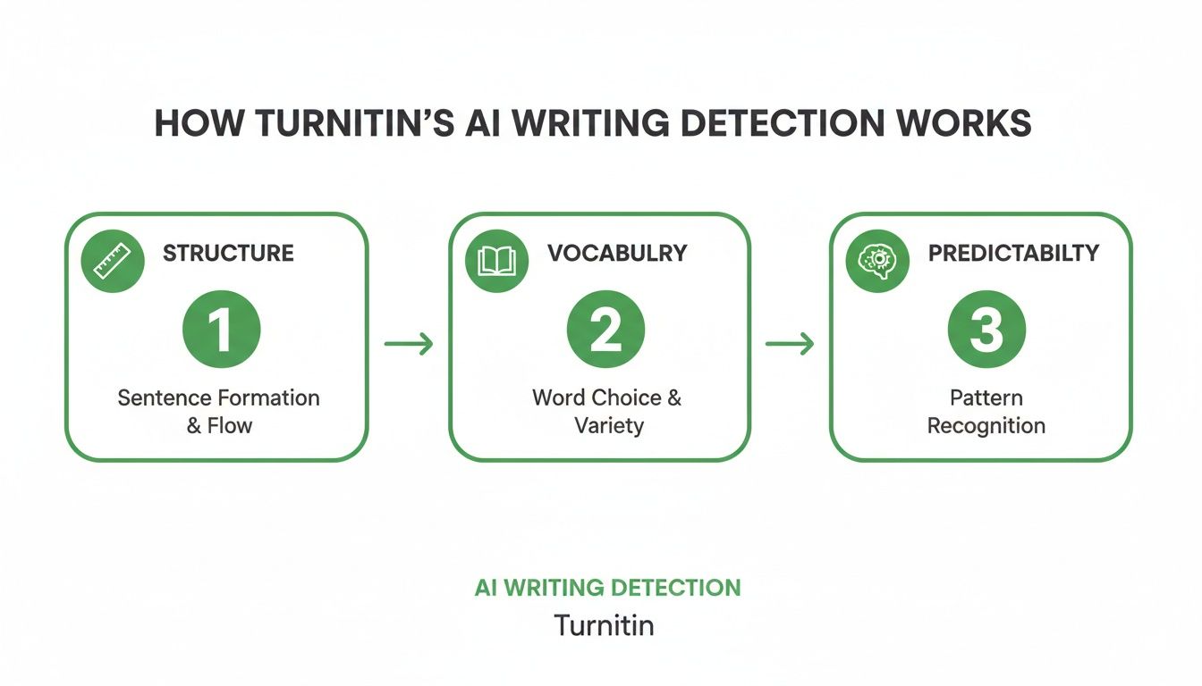 Flowchart detailing Turnitin's AI writing detection process based on structure, vocabulary, and predictability.