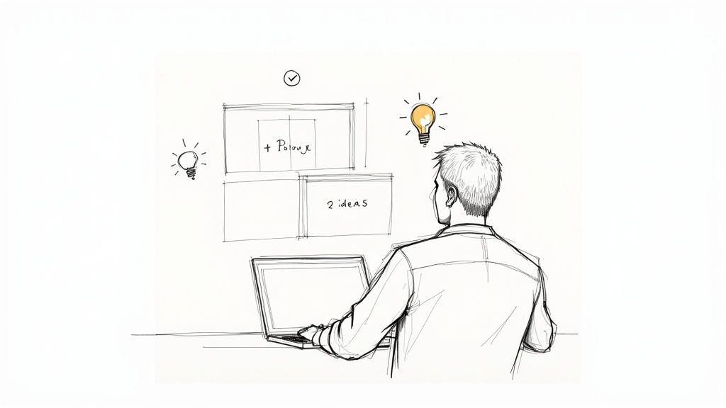 A person works on a laptop, facing a wall with sketches of ideas and glowing lightbulbs.