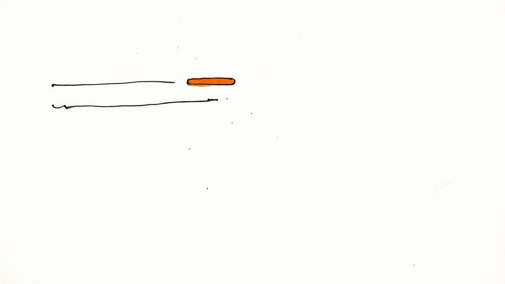 A simple, minimalist drawing featuring two horizontal black lines and a small orange oval shape.