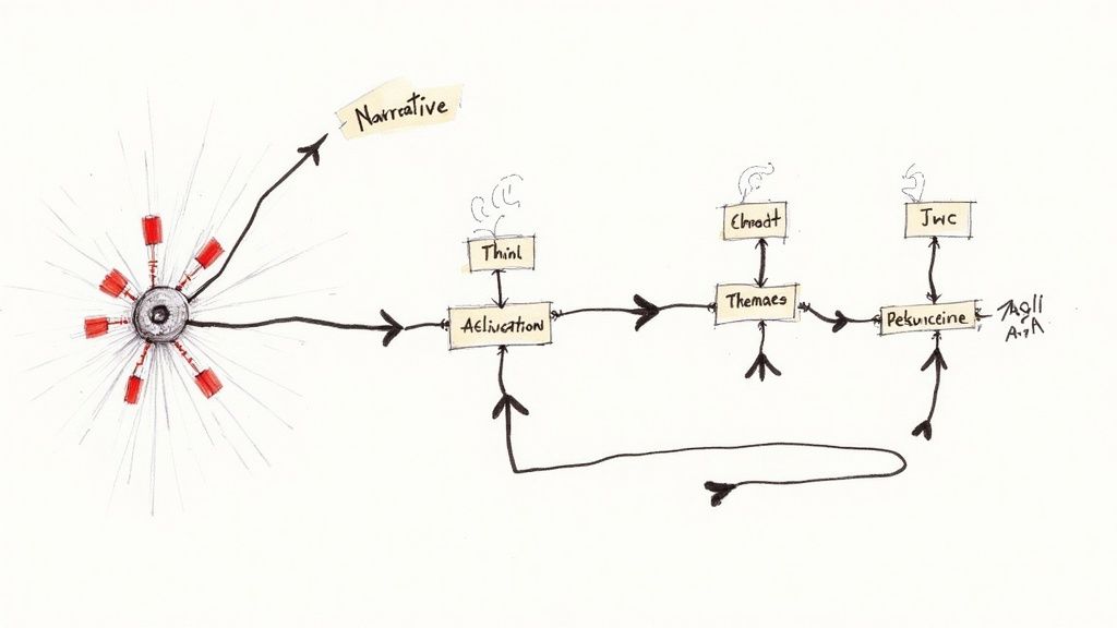A person connecting threads on a corkboard, symbolizing the synthesis of different ideas into a coherent narrative.