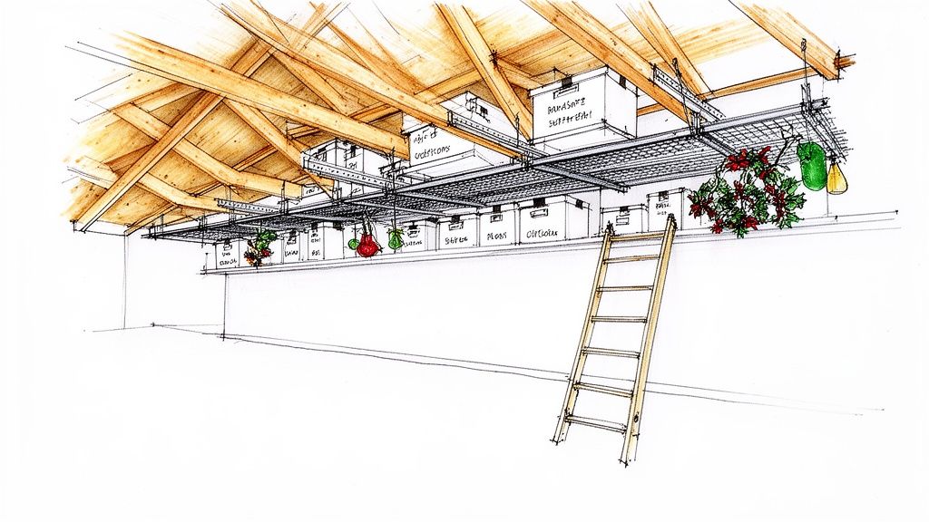 An illustrative sketch of an attic space featuring overhead storage racks filled with labeled boxes and hanging decorations, with a ladder for access.
