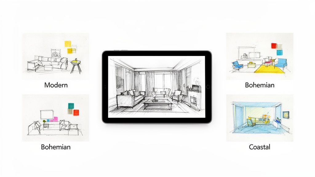 Tablet showing a room sketch surrounded by five interior design concepts: Modern, Bohemian, and Coastal styles with color swatches.