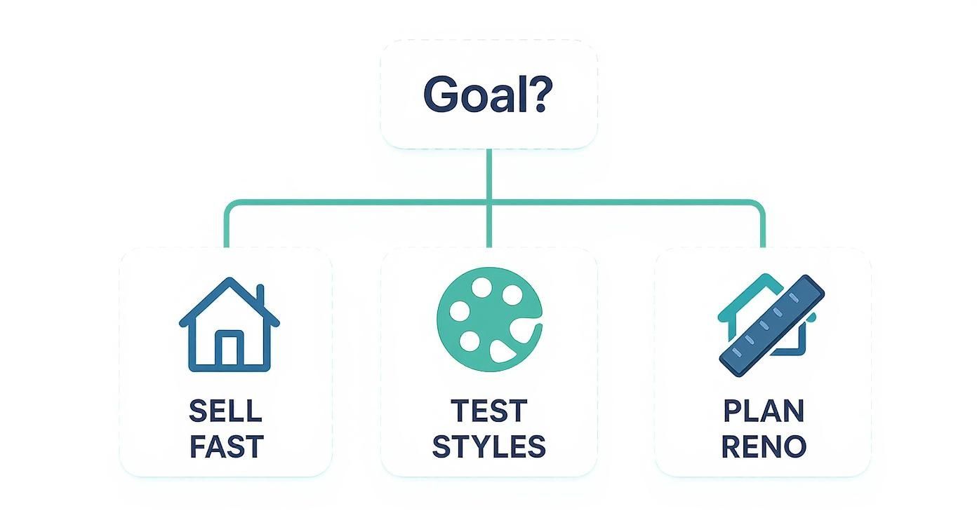 Flowchart showing three home staging goals: sell fast, test styles, and plan renovation with icons
