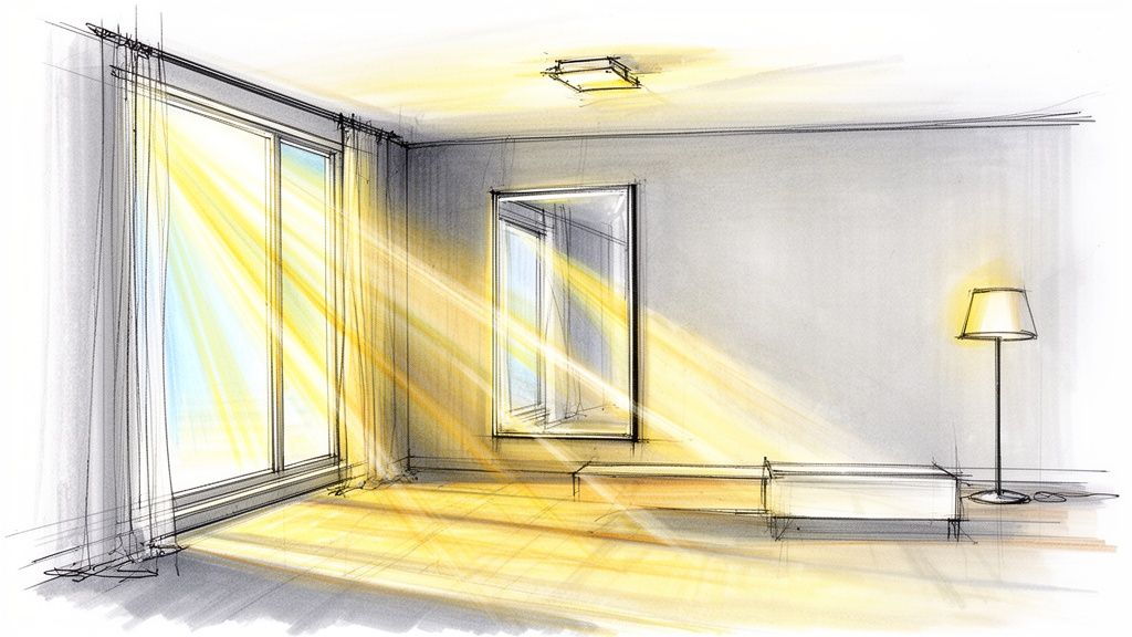 Hand-drawn sketch of a bright, minimalist room with sunbeams entering through a large window.