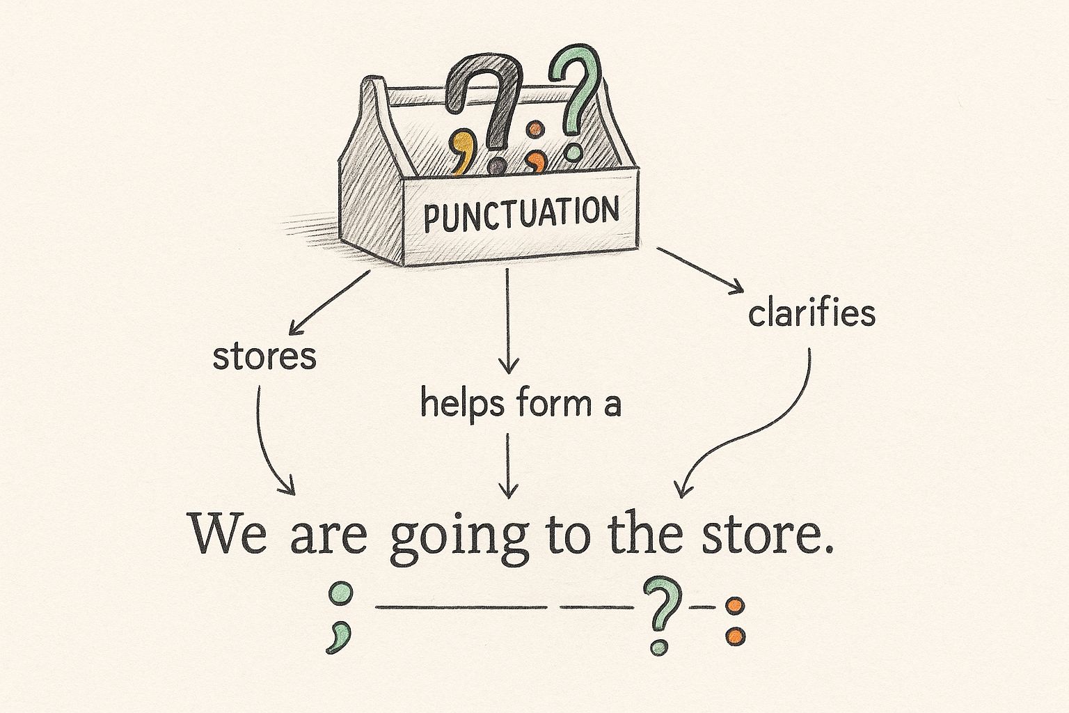 Infographic of a toolbox labeled “Punctuation” holding tools shaped like a comma, semicolon, question mark, and colon, with a half-built sentence beneath being assembled by these tools.