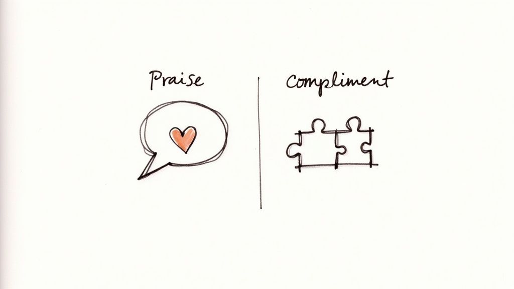 A visual explanation distinguishing praise (speech bubble with heart) from compliment (two interlocking puzzle pieces).