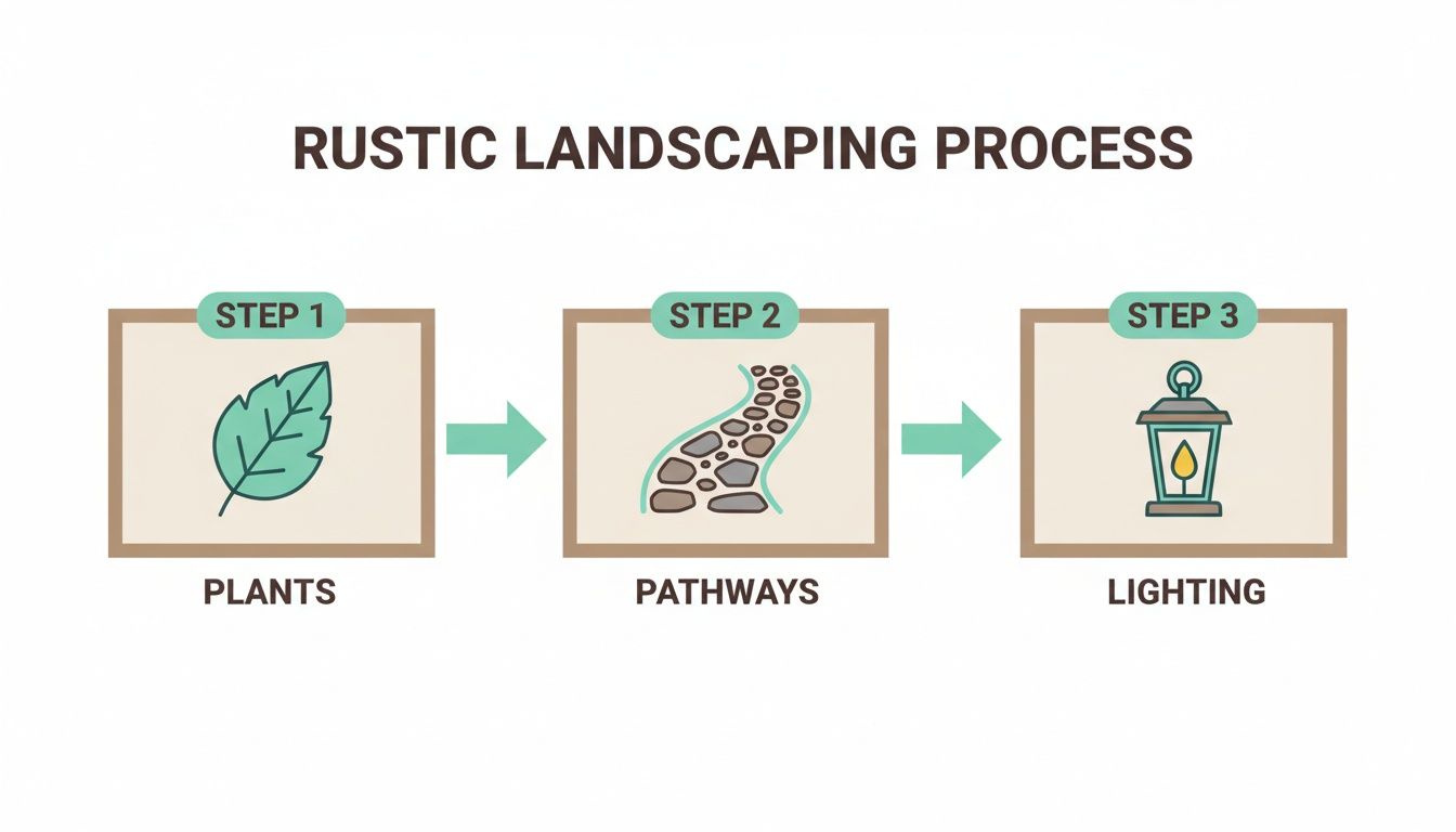 A diagram illustrating the rustic landscaping process, showing steps for plants, pathways, and lighting.
