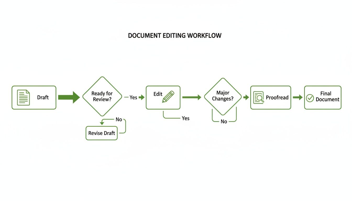 A flowchart detailing the document editing workflow from initial draft to the final document.