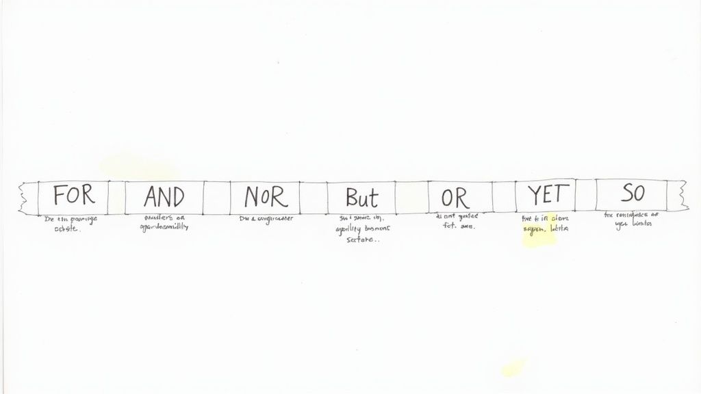 Hand-drawn diagram of FANBOYS coordinating conjunctions: For, And, Nor, But, Or, Yet, So, with brief explanations.