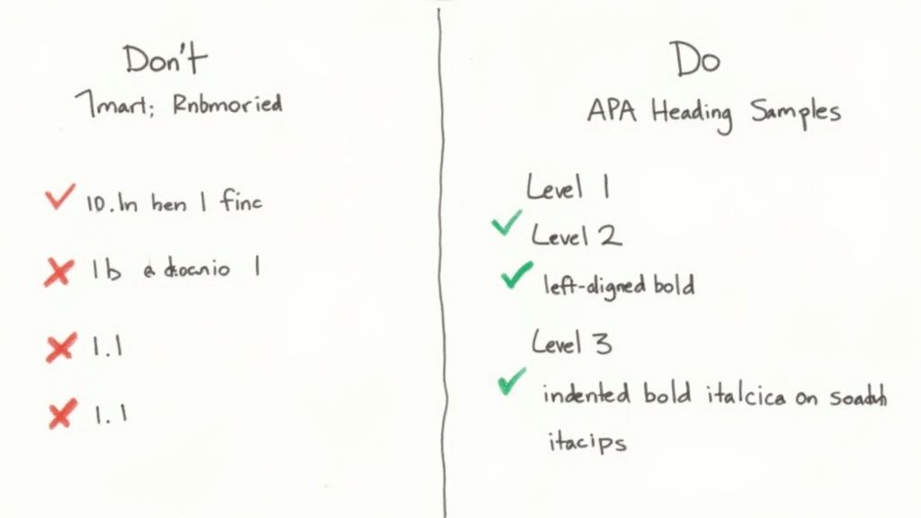 A handwritten comparison of 'Don't' and 'Do' showing APA heading samples for levels 1, 2, and 3.