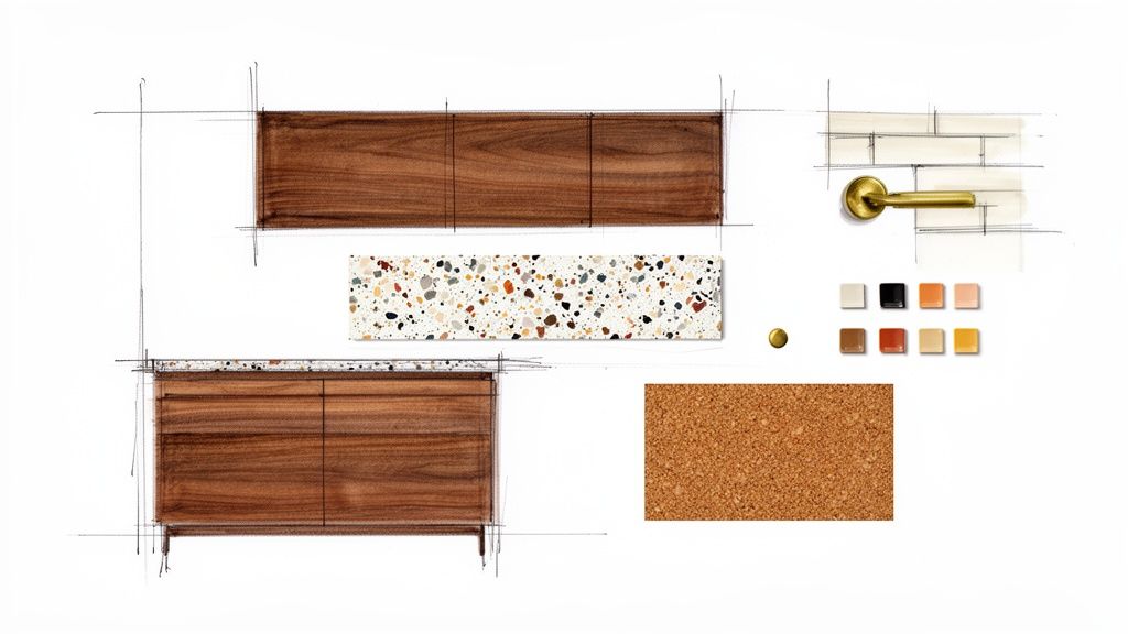 A design board for a mid-century kitchen, featuring cabinet sketches, terrazzo, cork, brass hardware, and a color palette.