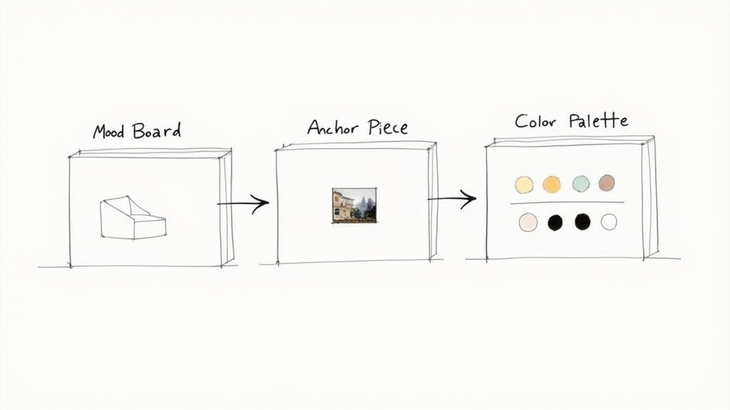 A diagram illustrating interior design steps: mood board with a chair, anchor piece with a house, and a color palette.