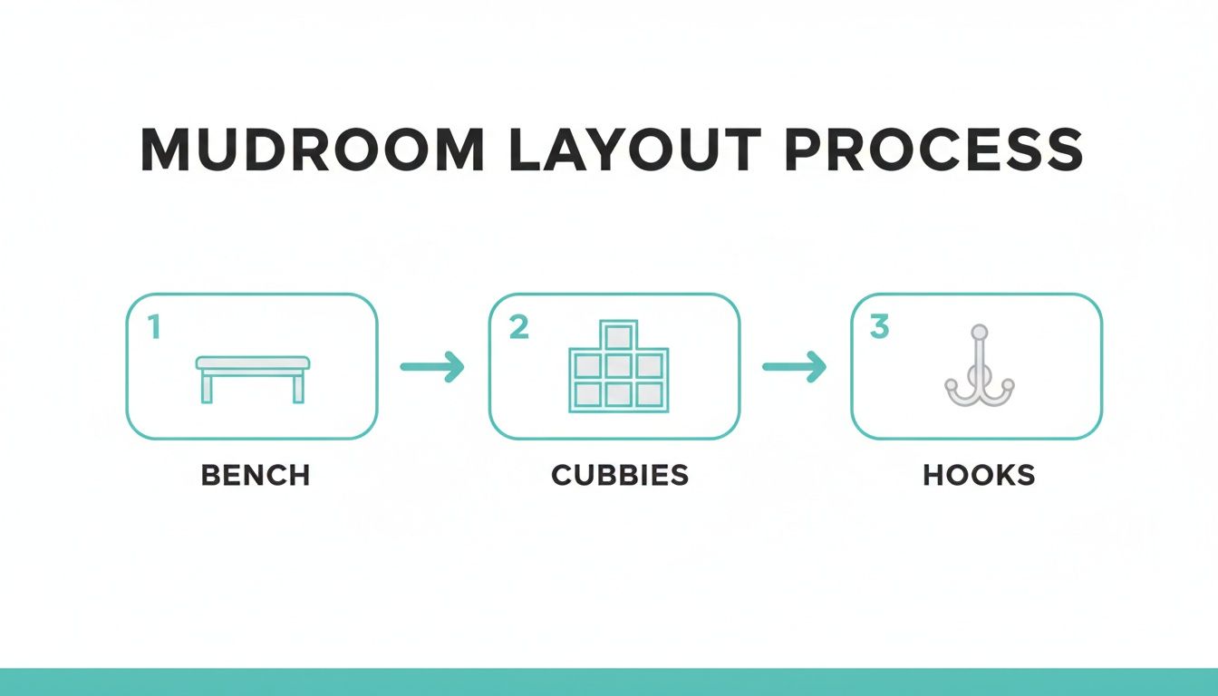 A diagram illustrating the mudroom layout process, showing three steps: bench, cubbies, and hooks with icons.