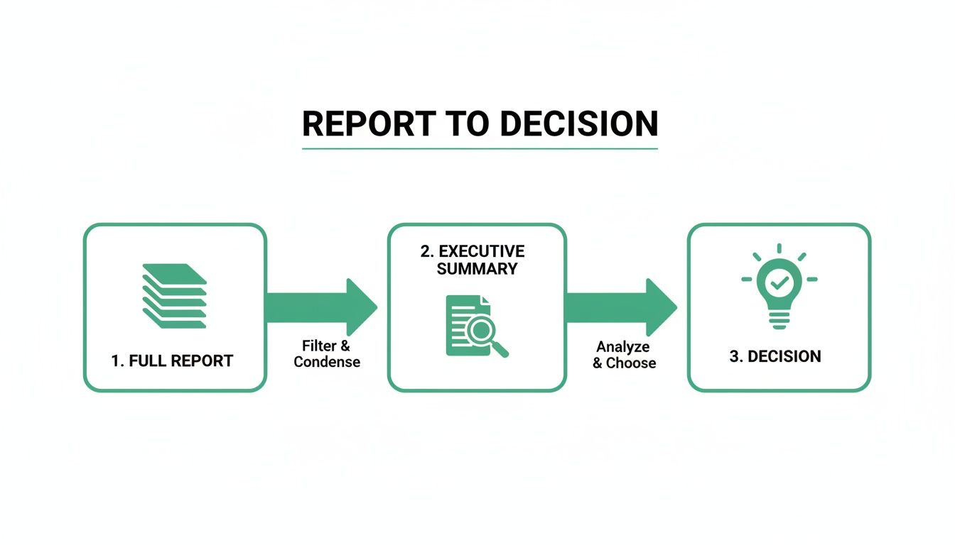 A step-by-step diagram showing the process from a full report to an executive summary and final decision.