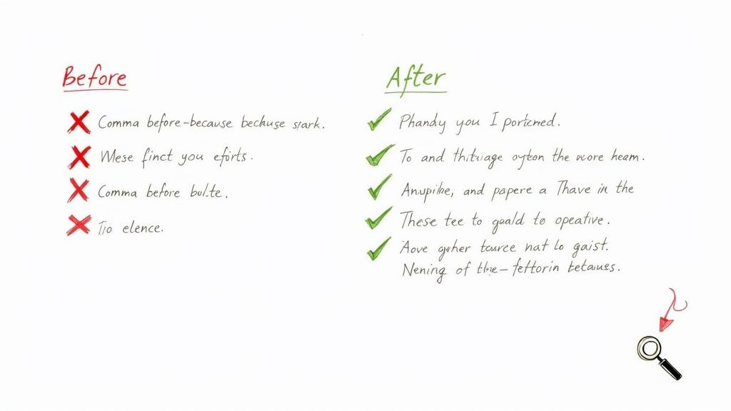 A person using a red pen to correct punctuation on a printed document, symbolizing careful editing.