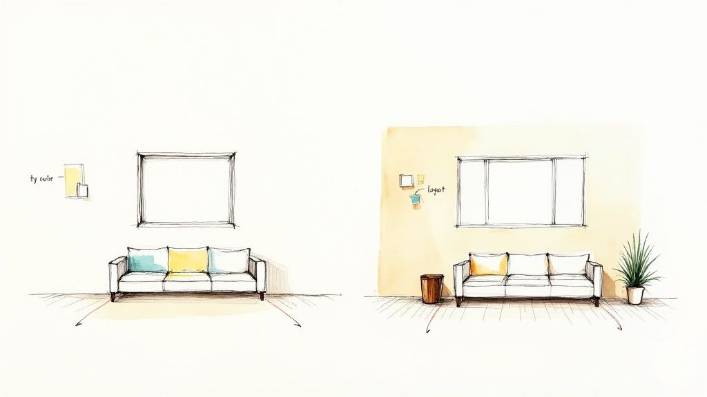 Two sketches comparing interior design concepts for a living room with a sofa and window.