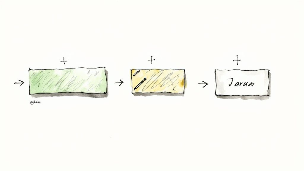 A simple watercolor diagram showing a flow from a green box to a yellow box, then to a white box labeled 'Jarua'.