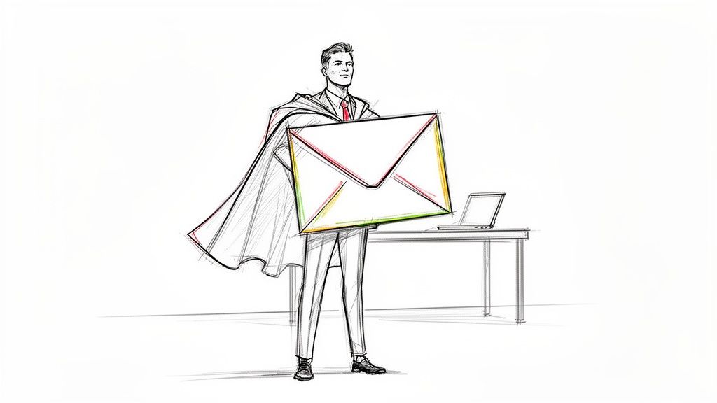 A sketch of a superhero businessman holding a giant email icon, standing next to a laptop.