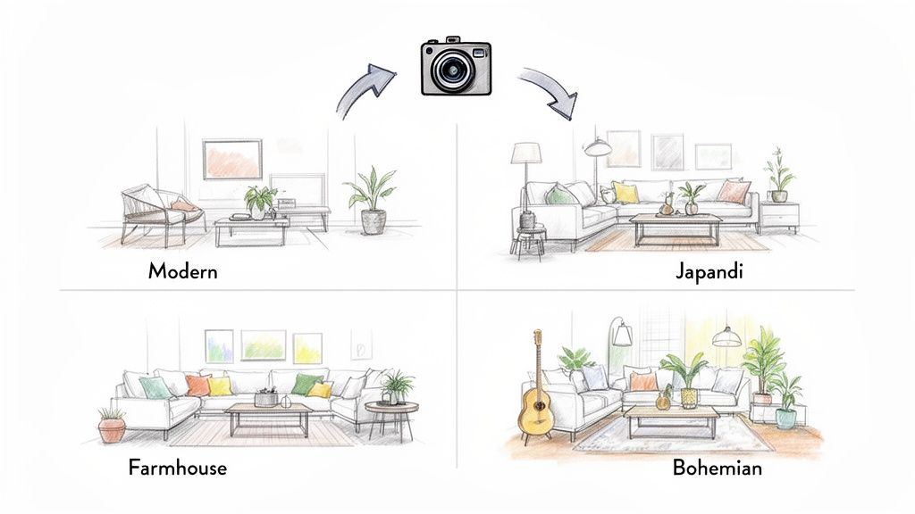 Sketches of living room styles: Modern, Japandi, Farmhouse, Bohemian, suggesting design transformation.