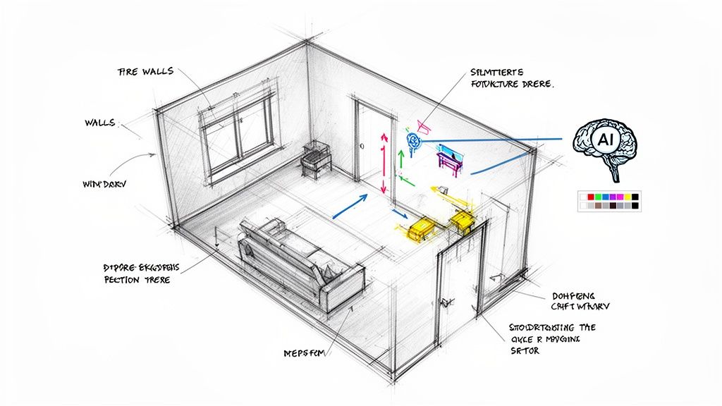 An isometric sketch of a room with a sofa, window, and doors, depicting AI integration and design elements.