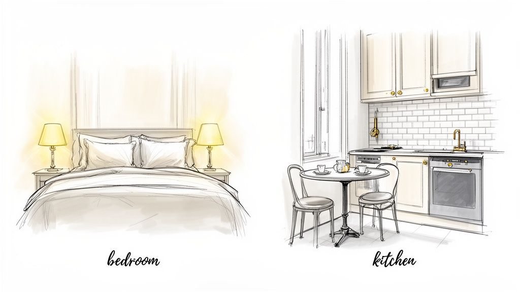 Sketches of a cozy bedroom with illuminated lamps and a chic kitchen with a small dining area.