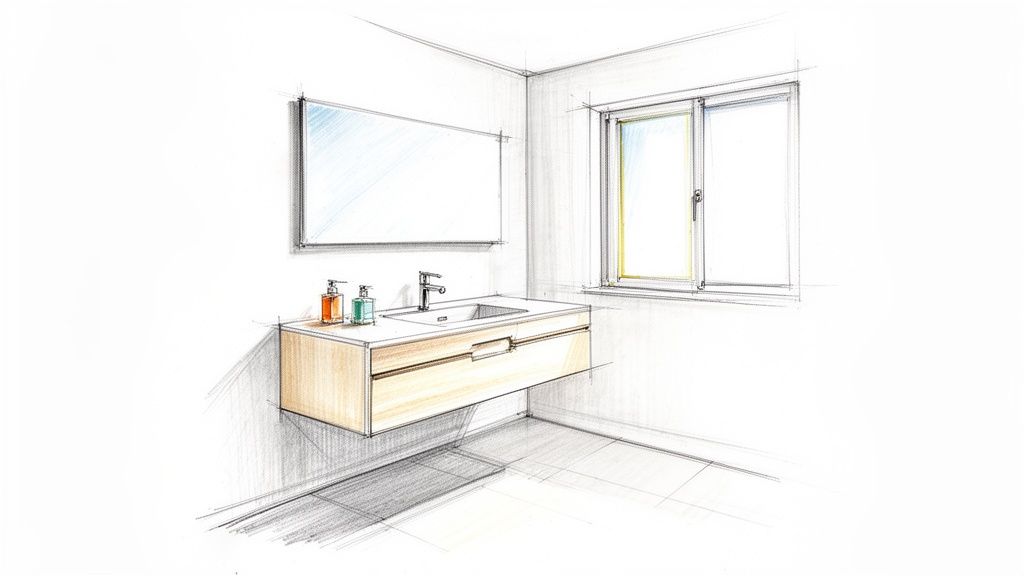 Watercolor sketch of a minimalist bathroom with a floating wood vanity, sink, mirror, and window.