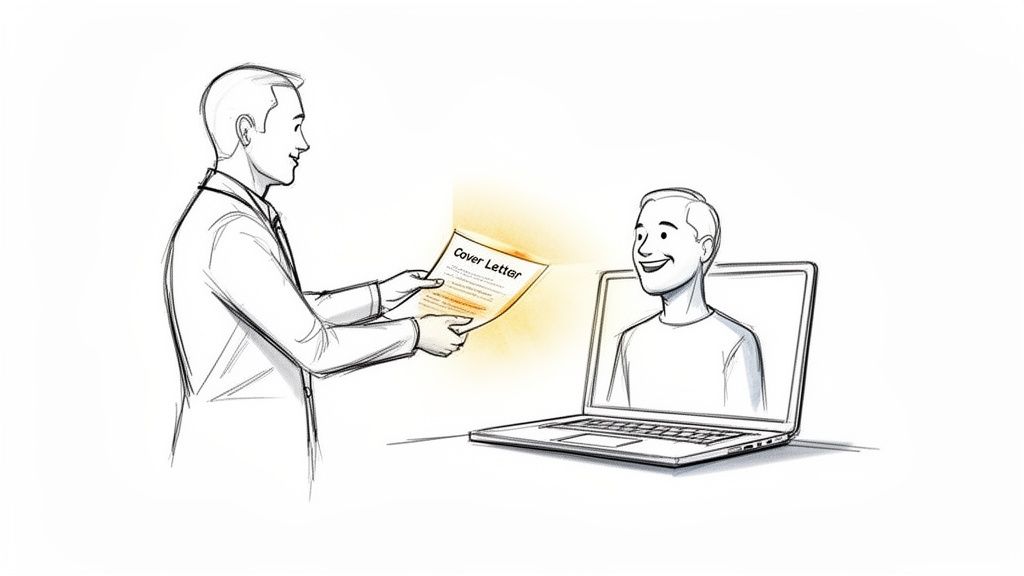 A person hands a glowing 'Cover Letter' document to a smiling person displayed on a laptop screen.