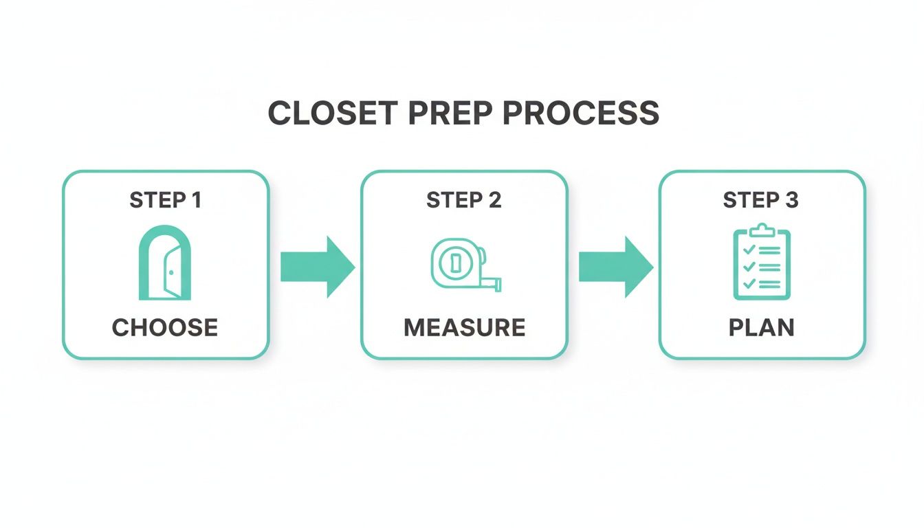 A three-step flowchart showing the closet preparation process: Choose, Measure, and Plan, with icons.