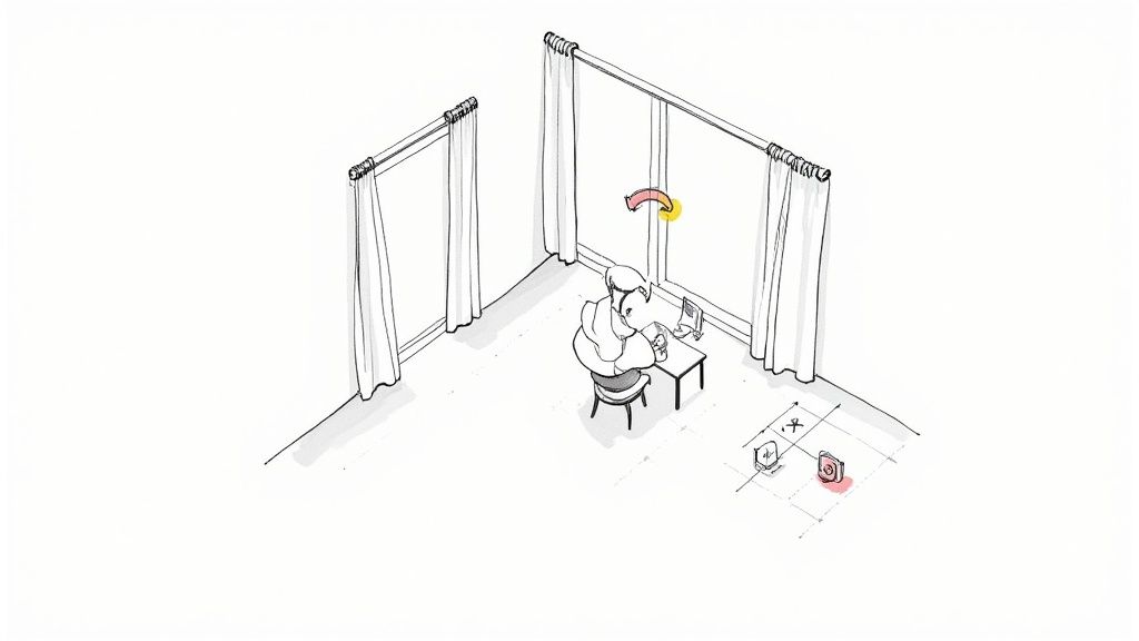 An illustrated person works at a desk between windows, with smart devices on the floor.