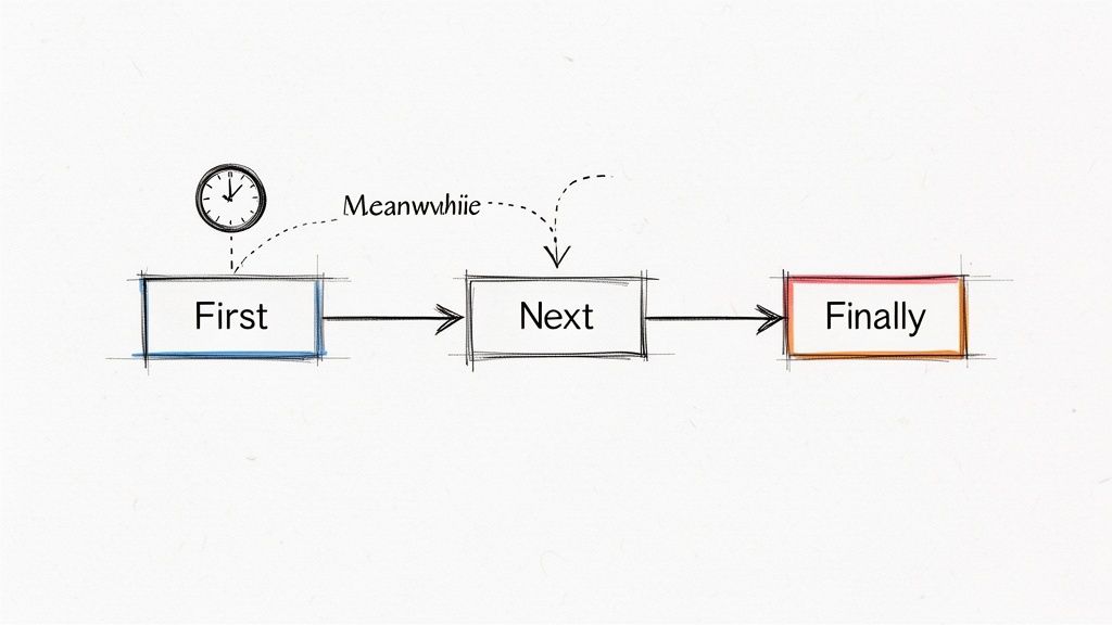 A hand-drawn flowchart illustrates a sequence: 'First', then 'Next', and finally 'Finally'. A clock and 'Meanwhile' connect 'First' and 'Next' with a dashed line.