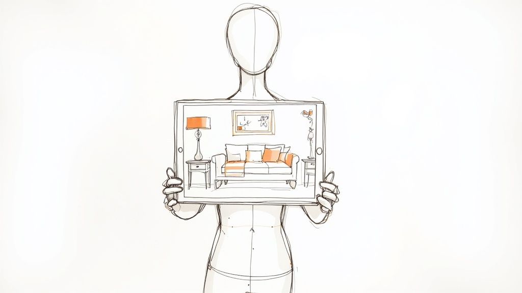 A hand-drawn figure holds a tablet displaying a virtual living room with orange accents.