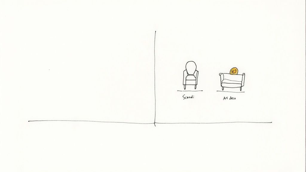 Hand-drawn illustration comparing a minimalist Scandi style armchair with a classic Art Deco armchair.
