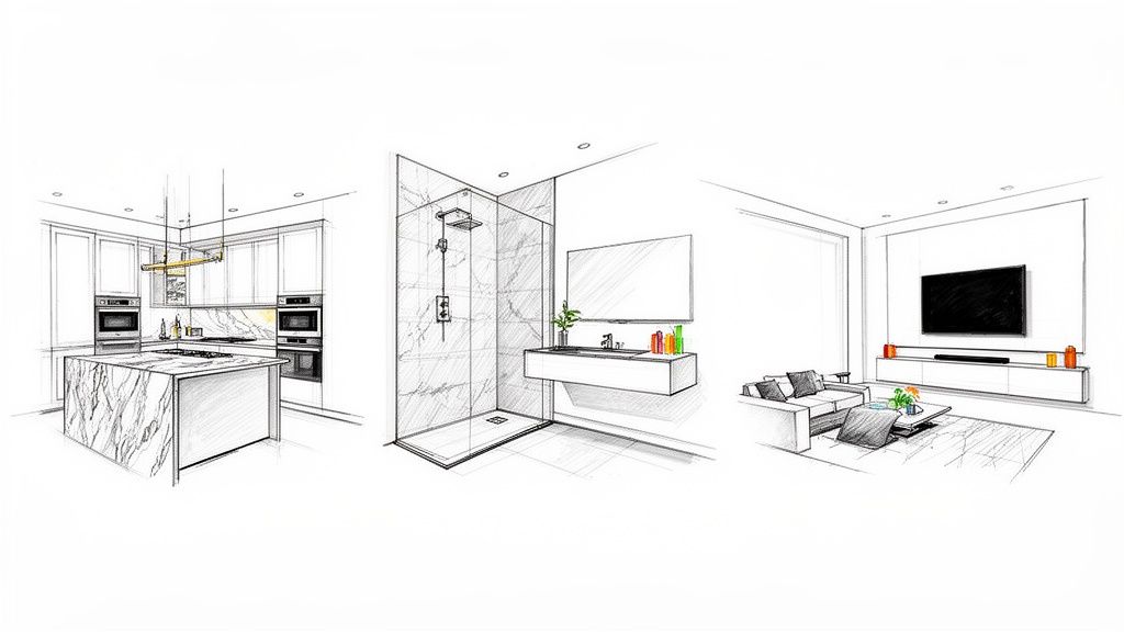 Three detailed sketches showcasing modern home interiors: a kitchen, a bathroom, and a living room.