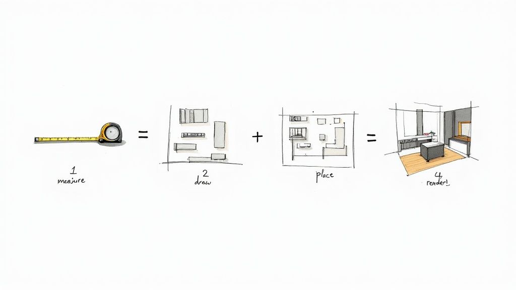 A graphic illustrating the four steps of interior design: measure, draw, place, and render a room.