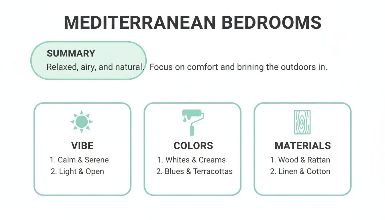 Infographic detailing Mediterranean bedroom style, including summary, vibe, colors, and materials.