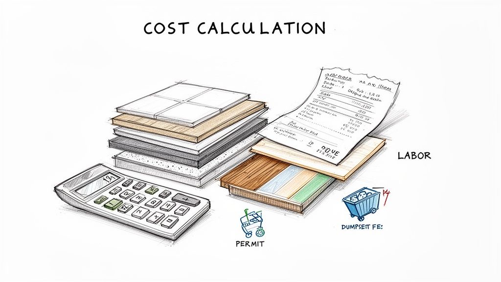 A detailed sketch illustrating the various components of cost calculation, including materials, labor, permits, and fees.