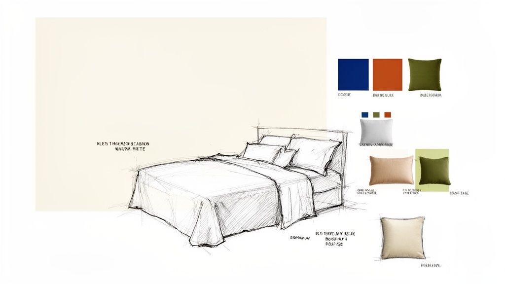 A detailed sketch of a bedroom with warm white bedding, alongside various color swatches and pillow samples.