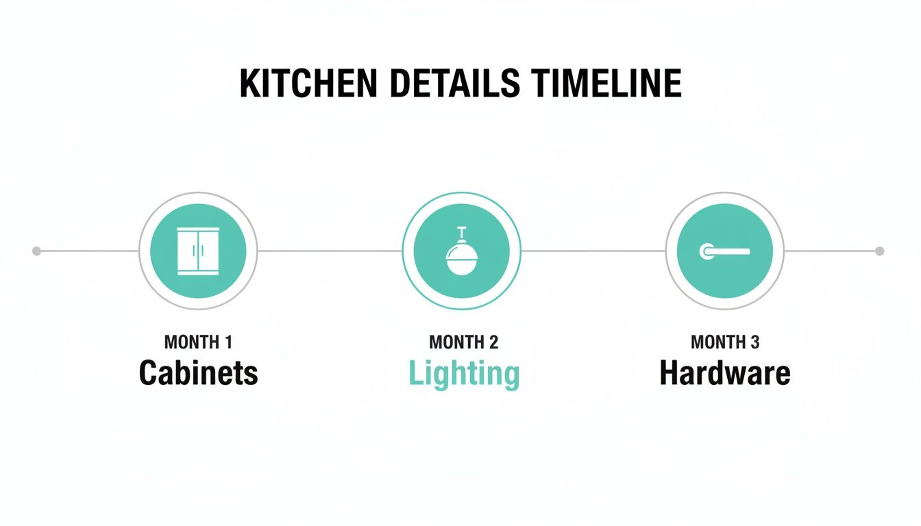 A visual timeline showing kitchen renovation details: Cabinets in Month 1, Lighting in Month 2, and Hardware in Month 3.