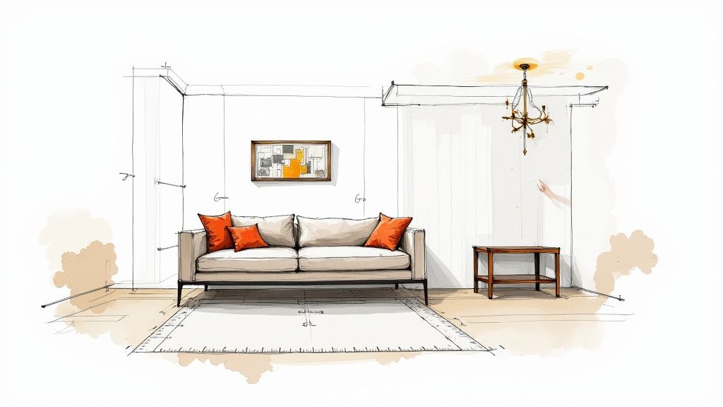 Modern living room interior design sketch with beige sofa and orange accent pillows