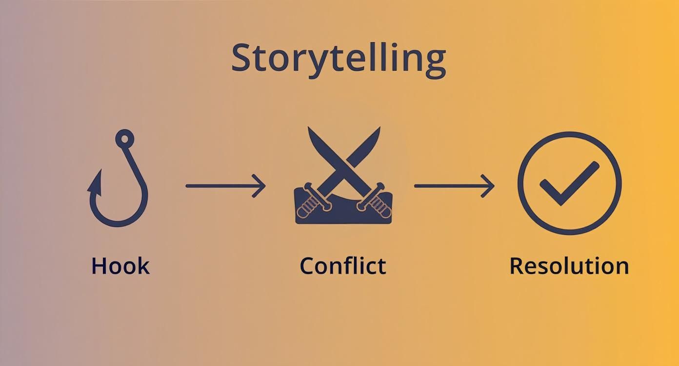An infographic showing the three core elements of storytelling a hook, conflict, and resolution.