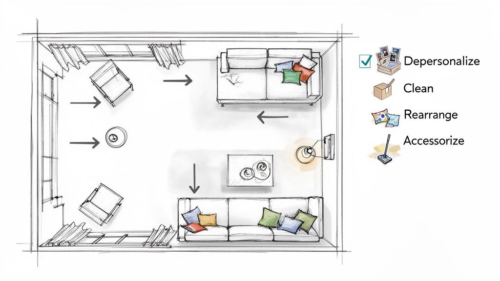 Top-down sketch of a living room showing furniture rearrangement, with a home staging checklist on the right.