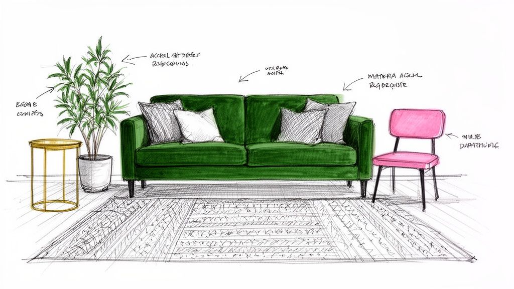 A vibrant hand-drawn sketch showcasing a green sofa, a pink chair, and a plant in a stylish living room interior.