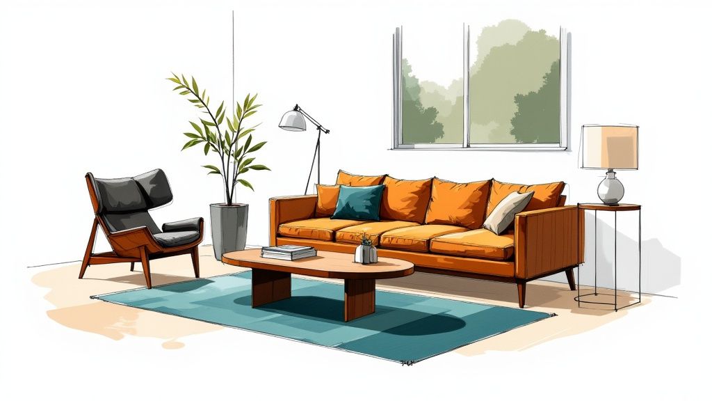 A stylish Mid-Century Modern living room with a tapered-leg sofa and wooden furniture
